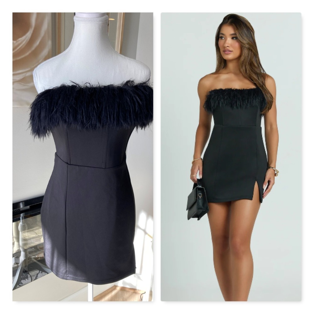 NEW Showpo Rhaiza Mini Dress 10 Black Strapless Faux Fur Trim Party Cocktail